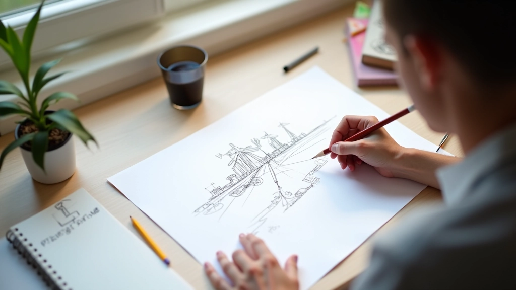 Artiste dessinant des plans de scène détaillés avec crayon et papier sur un bureau créatif
